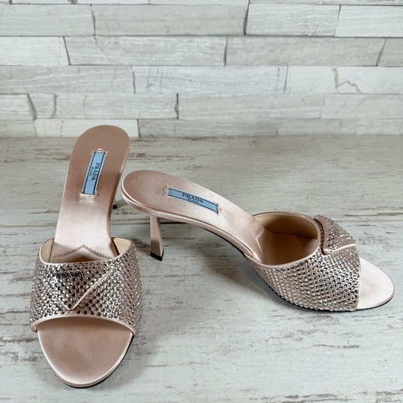 PRADA Modellerie 75MM Crystal Embellished Satin Mules Heels Sandals SZ 38 Blush - Picture 16 of 16